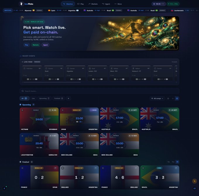A 'bcpPicks' sports betting interface for 'Pick smart. Watch live. Get paid on-chain' covering 102 matches powered by NLINE, showing World Cup 2026 live feeds, upcoming friendly and World Cup matches (Vietnam vs Myanmar, Spain vs Argentina, Australia vs Brazil, etc.), and finished match scores.