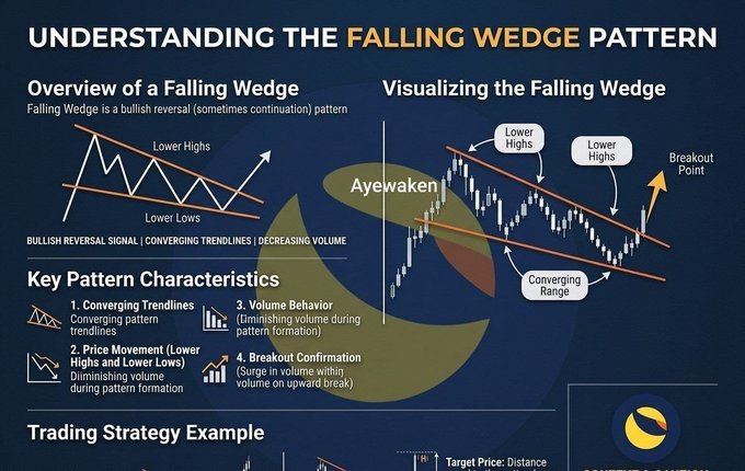 An educational infographic titled "UNDERSTANDING THE FALLING WEDGE PATTERN" by Ayewaken, illustrating a bullish reversal chart pattern with converging trendlines, lower highs/lows, and a breakout point. It pairs with the post's $LUNC/$USTC rally announcement by visually framing the "Wave 3" breakout as a textbook falling wedge breakout—bullish reversal signal with converging trendlines, shrinking volume during formation, and a confirming volume surge on the upward move.