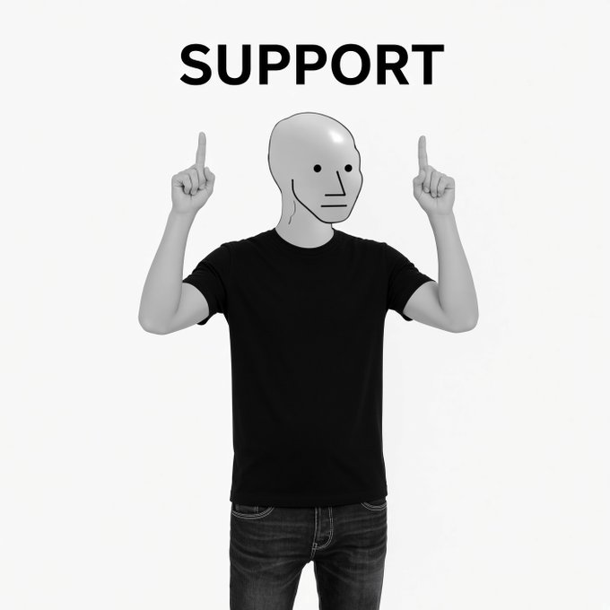 A mannequin-like figure wearing a black t-shirt and jeans points both index fingers upward at the bold word "SUPPORT" displayed above, directly mirroring the "$NPC" caption that humorously suggests the token is being endorsed or backed.