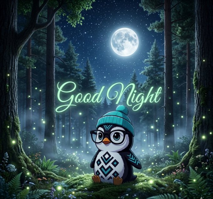 The image features a cartoon penguin sitting on mossy ground surrounded by trees at night. The background of the image is dark blue sky filled with stars, creating an enchanting atmosphere. In the center of the image, there's a glowing green light that reads "Good Night" in white letters. This message appears to be related to Bitcoin or cryptocurrency, as it says "Quirky Bitcoin Quips".