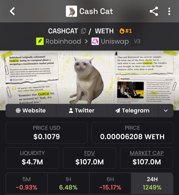 A screenshot of the CashCat (CASHCAT/WETH) cryptocurrency token page on Robinhood/Uniswap, showing a price of $0.1079, a market cap of $107.0M, and a 24-hour increase of 1249%.
