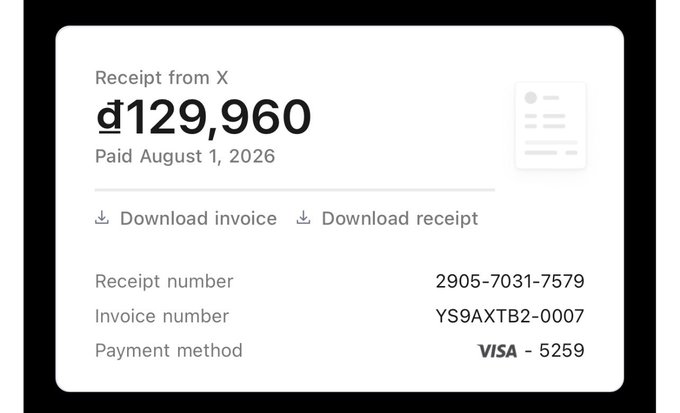 A digital receipt from X showing a payment of ₺129,960 dated August 1, 2026, paid via Visa ending in 5259, with receipt number 2905-7031-7579 and invoice number YS9AXTB2-0007.