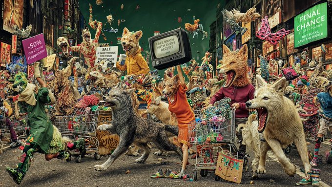 A surreal, chaotic art piece depicting various animals like wolves, dogs, and a frog in human clothing rioting in a city street, with signs reading "50% off in local happiness", "SALE", and "FINAL CHANCE" around an old-fashioned TV.