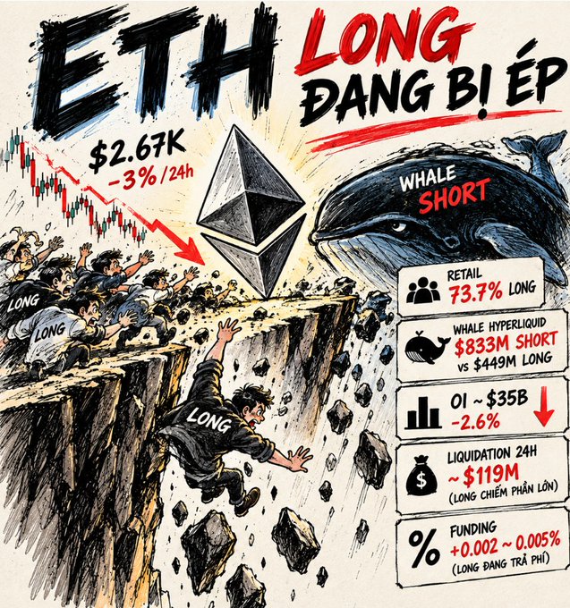 An illustrated market infographic titled 'ETH LONG DANG BI ÉP' showing ETH at $2.67K down ~3%/24h, with statistics including 73.7% retail long, $833M whale hyperliquid short vs $449M long, OI ~$35B down 2.6%, $119M 24h liquidation of longs, and funding rate +0.002~0.005%.