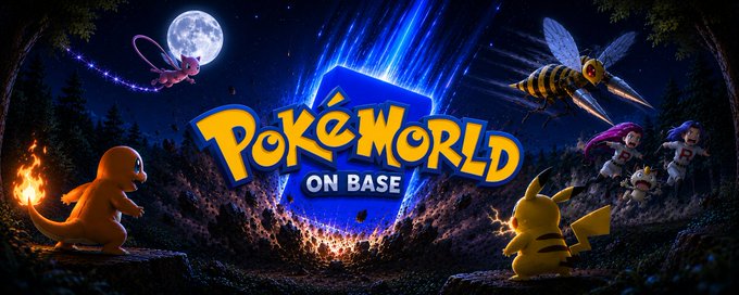 A promotional banner for "Pokèworld ON BASE" featuring Pikachu, Charmander, a bee-like Pokémon, and other characters in a dramatic nighttime scene with a glowing blue cube and full moon.