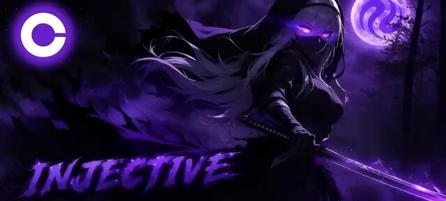 The image features a purple banner with white text that reads "Injective" at the top, followed by an arrow pointing downwards. The background of the image is dark purple, creating a mysterious atmosphere. There are two circles in the image - one on the left side and another on the right side. These circles appear to be floating or hovering above the banner.