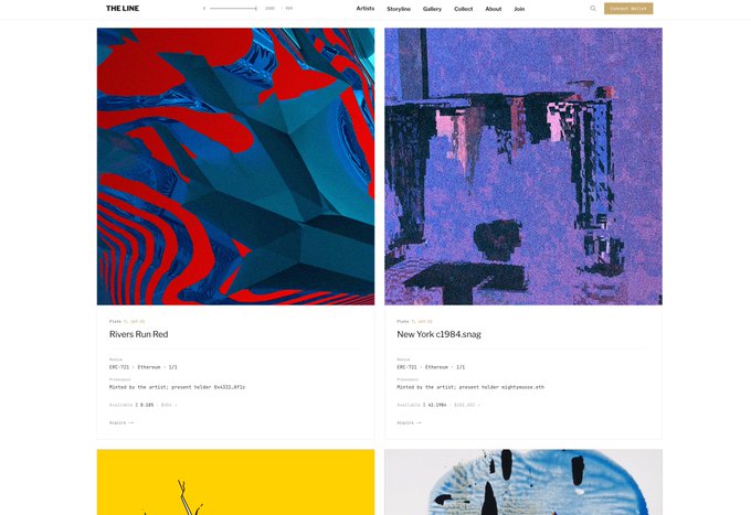 A webpage titled 'THE LINE' displays digital art pieces for sale, including 'Rivers Run Red' for 3.06 ETH and 'New York c1984' for 40.39 ETH, each minted on the Ethereum blockchain.