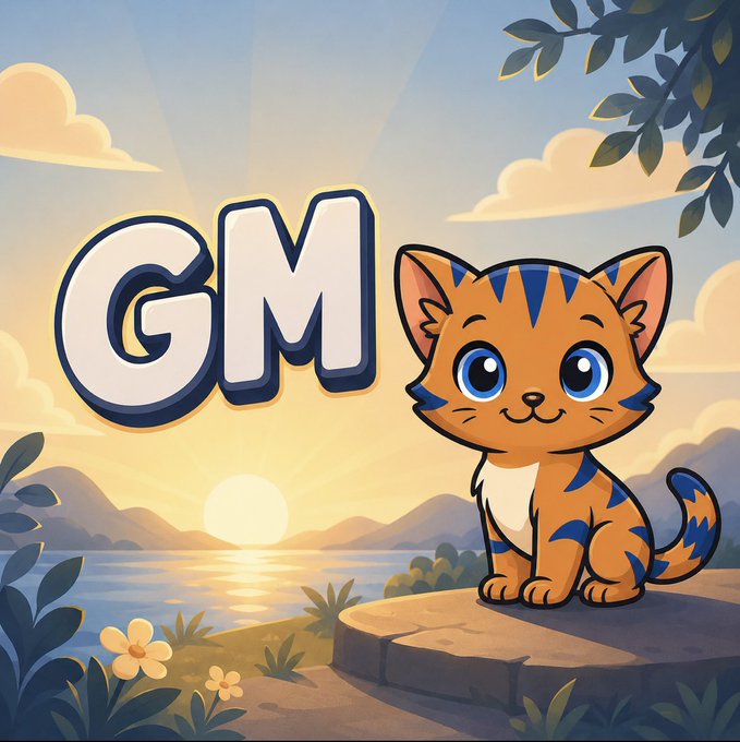 A cartoon-style illustration shows a cute orange tabby cat with blue stripes sitting on a stone ledge next to large "GM" letters, with a sunset over water and mountains in the background.