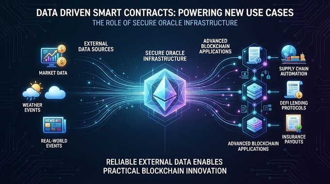 An infographic titled 'DATA DRIVEN SMART CONTRACTS: POWERING NEW USE CASES' showing 'EXTERNAL DATA SOURCES' (Market Data, Weather Events, Real-World Events) flowing through 'SECURE ORACLE INFRASTRUCTURE' to power 'ADVANCED BLOCKCHAIN APPLICATIONS' like Supply Chain Automation, DeFi Lending Protocols, and Insurance Payouts.