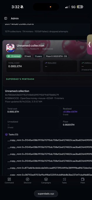 The image displays a mobile interface of the "superdads.xyz" platform showing an unnamed NFT collection with a total volume of 0.001 ETH, floor price of 0.0020 ETH, and 31 minted tokens, connecting to the "Money mouse" theme as it shows a pink mouse-like NFT character in the collection banner.