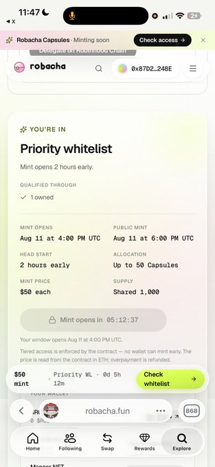 A screenshot of the Robacha Capules NFT mint page showing a "Priority whitelist" status with details including an Aug 11 mint date, $50 mint price, and a 12m wallet allocation limit, which directly supports the post's surprise about the low $50 per wallet cap.