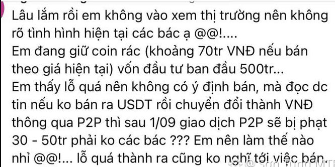 A Vietnamese text message discussing crypto losses, mentioning 'coin rác' (junk coins) worth about 70 million VND against an initial investment of 500 million VND, and concerns about P2P trading penalties after September 1.