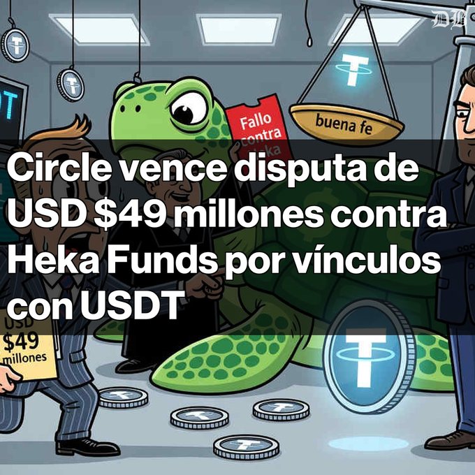 Illustration showing people shaking hands around a giant tortoise with scales, with USDT (Tether) coins and Spanish text reading 'Circle vence disputa de USD $49 millones contra Heka Funds por vínculos con USDT'.
