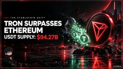 A news banner stating 'TRON SURPASSES ETHEREUM USDT SUPPLY: $94.27B' with the TRON logo and an 'M' (likely Mint) coin.