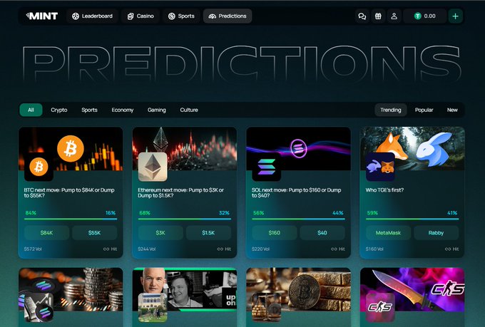 A web interface for a platform called "MINT" displays a "PREDICTIONS" page featuring betting markets on crypto prices for BTC, ETH, and SOL, as well as a "Who 1CE's first?" poll between MetaMask and Rabby.