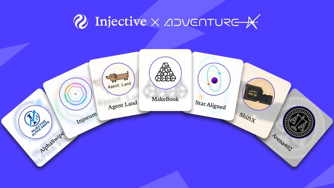A promotional graphic for 'Injective x ADVENTURE' displays seven circular icons with labels including 'AlphaSwipe', 'Injeunni', 'Agent Land', 'MakeBook', 'Star Aligned', 'ShiftX', and 'Arena402'.