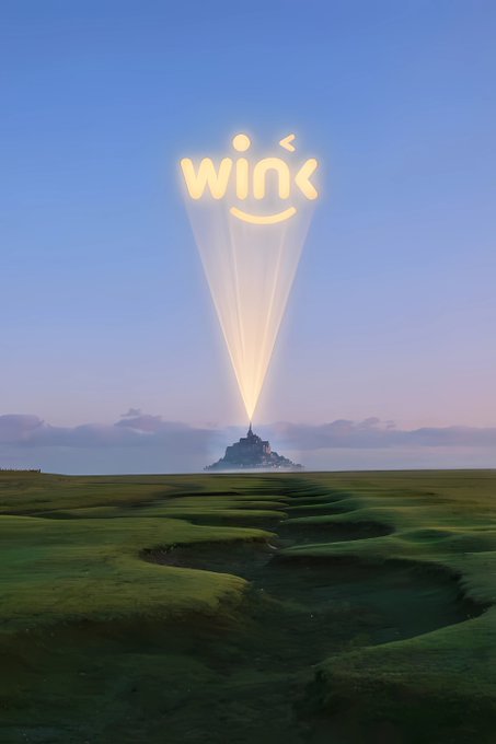 A digital illustration of a 'win' face emoji beaming light from Mont Saint-Michel across green fields at twilight.