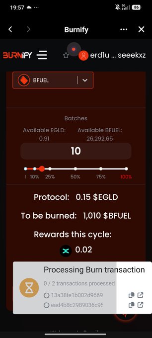 A Burnify app interface displays a BFUEL burn transaction for 10 batches, set to burn 1,010 $BFUEL in exchange for 0.02 $EGLD in rewards, currently processing batches 1-2 of 2 with transaction hashes visible. The screen shows the user is in the middle of executing the burn operation referenced in the post about burning $BFY for $EGLD rewards.