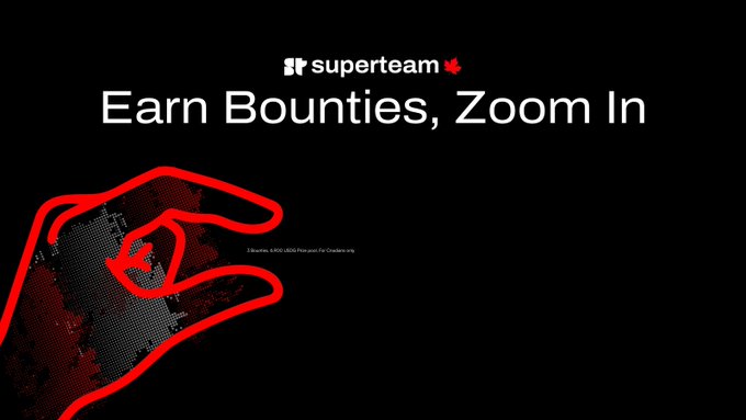 The image features a hand holding a red object that appears to be a small toy or game piece. The background of the image is black, with white text that reads "Superteam Earn Bounties, Zoom In" at the top and "This week' s Canadian @Superteam Earn Bounties are Live up for grabs Open to Canadian builders & creators only Closes June 23".