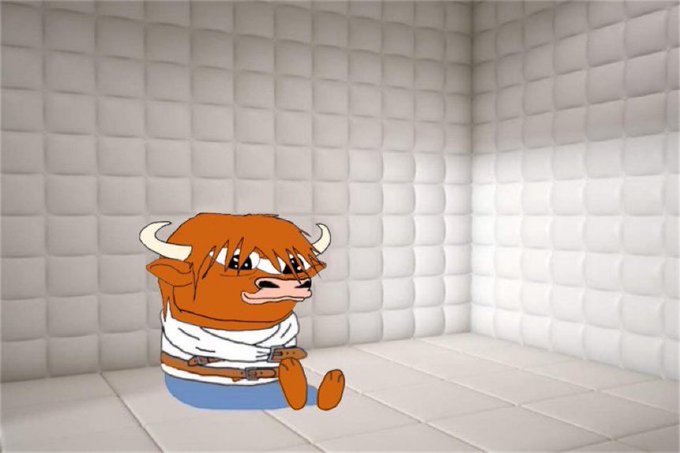 A bull mascot sits slumped against a padded white wall, looking distressed and defeated, illustrating the post's "top blast eth" sentiment about betting against Ethereum's price. The cartoon character's sad expression visually represents bearish expectations of an ETH price decline to earn rewards from shorting.