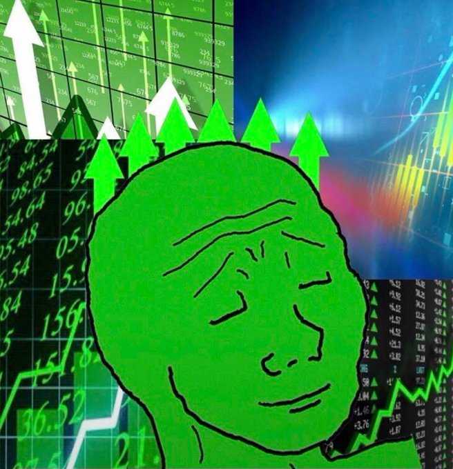 A stylized green illustration of a man's face with upward-pointing green arrows in his hair, set against a background of stock market numbers and charts, symbolizing bullish market sentiment.