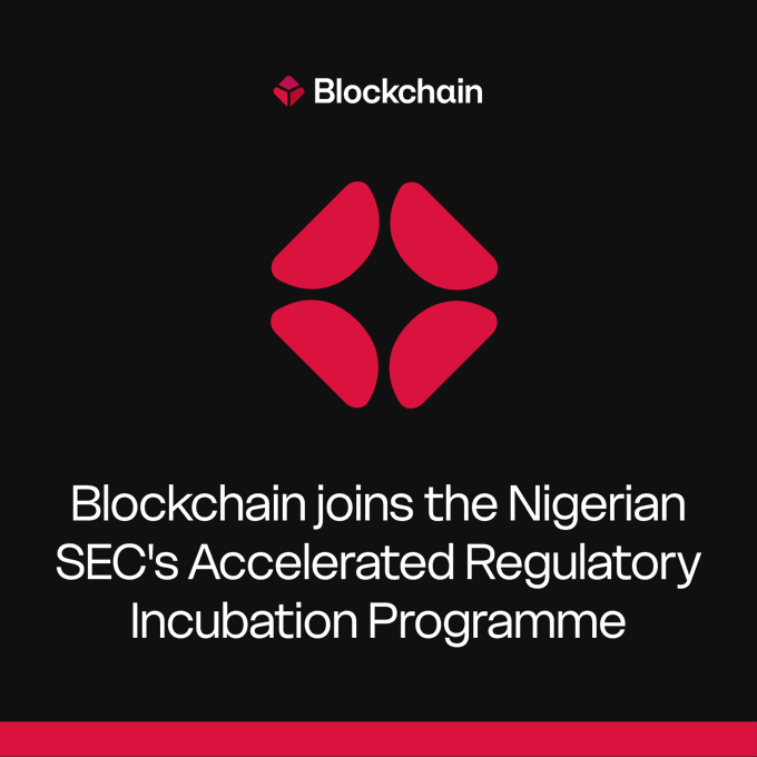 A black promotional graphic with the Blockchain logo and text reading "Blockchain joins the Nigerian SEC's Accelerated Regulatory Incubation Programme".