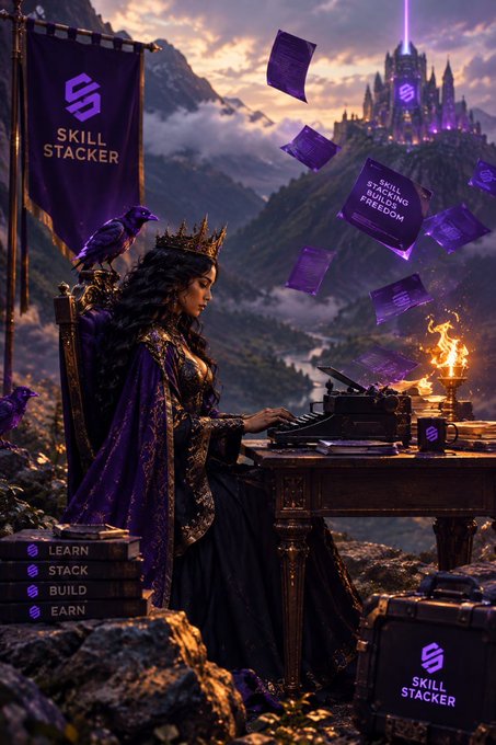 A fantasy illustration featuring a crowned woman in purple robes typing at a typewriter, with floating papers, ravens, a castle, and 'SKILL STACKER' branding including 'SKILL STACKING BUILDING FREEDOM', 'LEARN STACK BUILD EARN', and 'SKILL STACKER' visible.