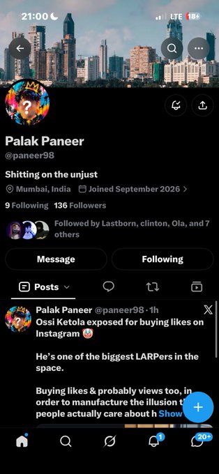 A Twitter profile for 'Palak Paneer (@paneer98)' based in Mumbai, India, featuring a post calling out 'Ossi Ketola' for buying likes on Instagram.