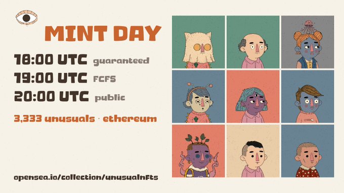 Promotional graphic for "MINT DAY" featuring a 3x3 grid of colorful, stylized NFT character portraits alongside the release schedule: 18:00 UTC guaranteed, 19:00 UTC FCFS, and 20:00 UTC public mint for 3,333 unusuals on Ethereum, linking to the Unusualnfts OpenSea collection.