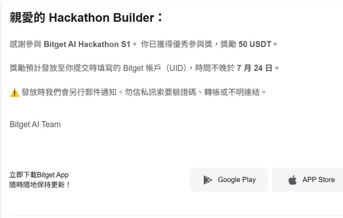 A notification from Bitget AI Team in Chinese congratulating a Hackathon Builder on winning an excellent participation award of 50 USDT in the Bitget AI Hackathon S1.