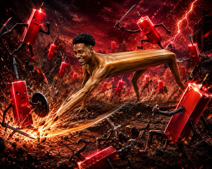 A muscular, body-painted figure charged through a fiery battlefield, wielding a glowing sword against an army of angry red candle-stick creatures wielding katanas and shields. The image visually represents the $MENSA ticker fighting through bearish market conditions (symbolized by the red candles) before potentially making an upward move.