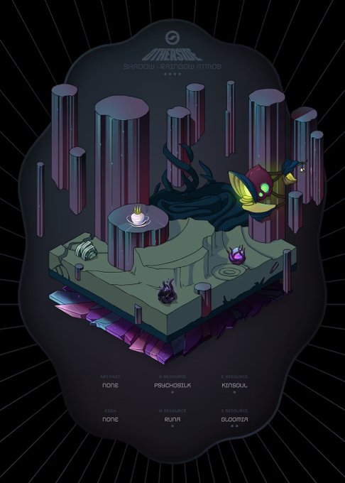A dark fantasy-style poster for 'DIMENSIONAL SHADOWS & RAINBOW RHINOS' showcasing a small dragon-like creature in a 3D isometric environment with purple crystal pillars, with credits listing 'None' as adversary, 'PSYCHOSIUX' as mastermind, 'KINSOUL' as eyewitness, and 'GLOOMZAR' as the resource.