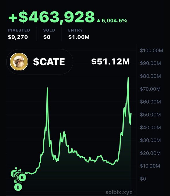 A Solbix chart displays a +$463,928 gain (+5,004.5%) on $CATE with an entry at $1.00M and current value of $51.12M, showing a steep rise on the right side of the price graph that corroborates the poster's claim of "952x chances" and "generational P's" on the CAT token.