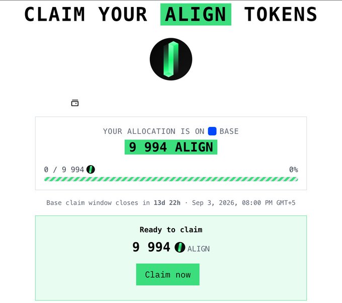 The image displays a "Claim Your ALIGN Tokens" page showing an allocation of 9,994 ALIGN tokens on the Base network, with a countdown timer indicating 13 days, 22 hours remaining until the claim window closes on Sep 3, 2026. The screenshot complements the post by visually confirming the user's successful claim of their $ALIGN airdrop tokens from Aligned Layer, which they mention having just claimed before moving on to review Ethos Network ICO details.