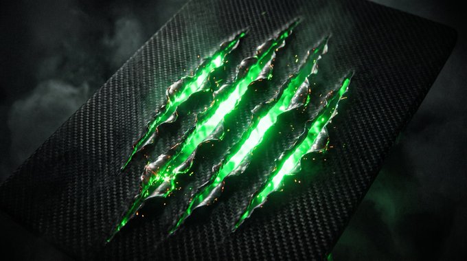 Three glowing green claw marks tear through a dark, textured surface, emitting smoke and sparks.