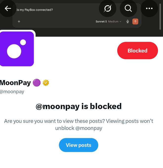 A mobile screen showing that the account '@moonpay' is blocked on what appears to be Twitter/X, with a red 'Blocked' badge, the prompt '@moonpay is blocked', and a 'View posts' button.