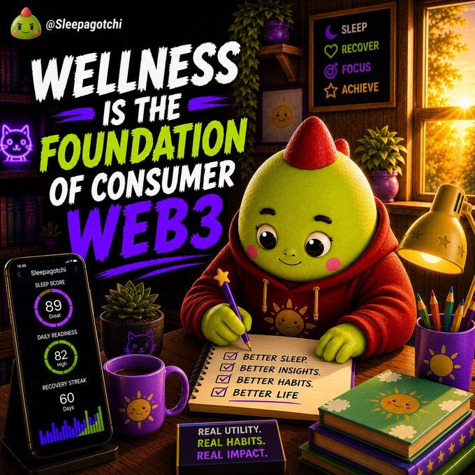 A promotional graphic for '@Sleepagotchi' with the tagline 'WELLNESS IS THE FOUNDATION OF CONSUMER WEB3', featuring a green character in a red hoodie writing in a notebook with checkmarks for 'Better Sleep, Better Insights, Better Habits, Better Life,' alongside a phone displaying sleep score stats.