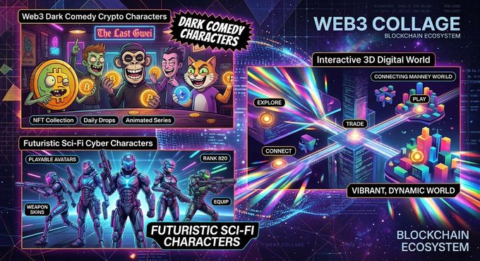 A promotional graphic for 'Web3 Collage' featuring 'Dark Comedy Crypto Characters' and 'Futuristic Sci-Fi Cyber Characters' in a blockchain ecosystem.