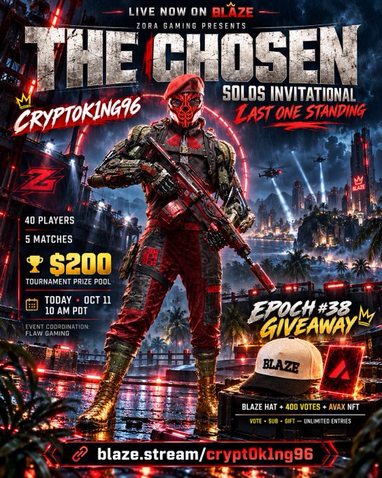 A promotional poster for 'The Chosen Solos Invitational' gaming tournament on Blaze, featuring a masked soldier, with details like 'CryptoKing96', '$200 tournament prize pool', '40 players', '5 matches', and 'October 11'.