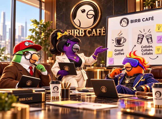Animated mascots in a 'BIRB CAFÉ' setting, featuring three bird characters in business attire around a table with laptops, coffee cups, and a whiteboard promoting 'Great coffee' and 'Collabs, Collabs, Collabs.'