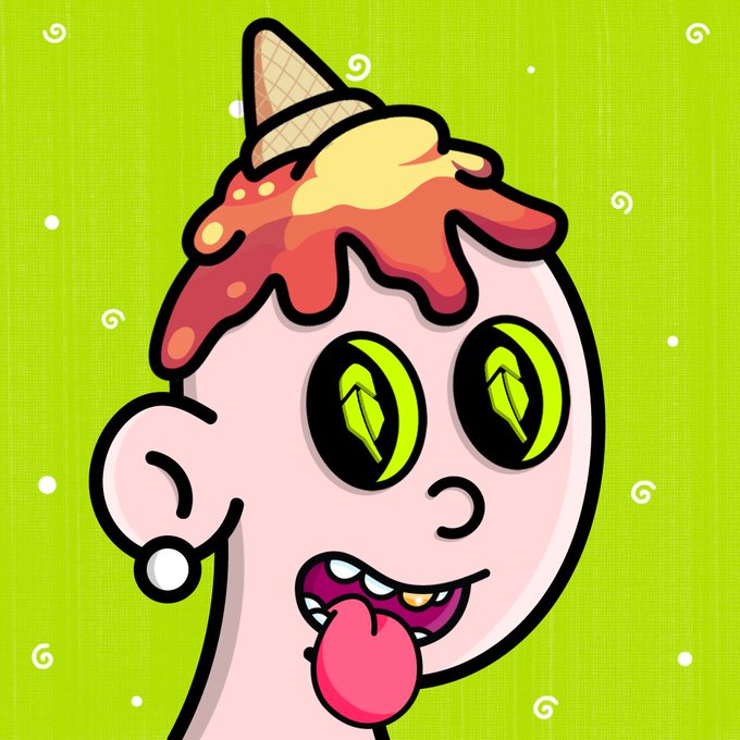 A cartoon illustration shows a face transformed into an ice cream cone, with green swirl eyes, an open mouth with a pink tongue licking an ice cream scoop, set against a bright green background.