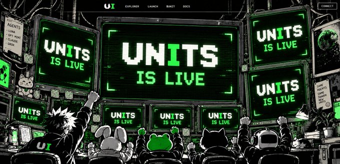 A pixel-art style promotional graphic featuring green "UNITS IS LIVE" text displayed across multiple retro monitors, watched by a crowd of cartoon characters raising their fists, echoing the post's announcement of the $UNITS token launch with the visible contract address 0x95f8fbbab96207e8e4e0e5fa75f62e797e0aebcd.