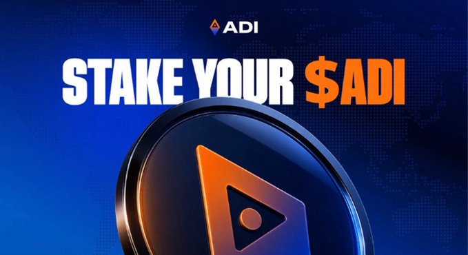 **Caption:** A promotional graphic featuring the ADI logo (a stylized orange triangle) above the bold text "STAKE YOUR $ADI," set against a dark blue background with a subtle world map pattern and a large 3D coin bearing the ADI emblem.

**Connection to the post:** The image visually reinforces the post's argument by promoting $ADI staking as a tangible, utility-driven action—reflecting a chain focused on regulated payments, tokenized assets, and institutional settlement rather than pure speculation.