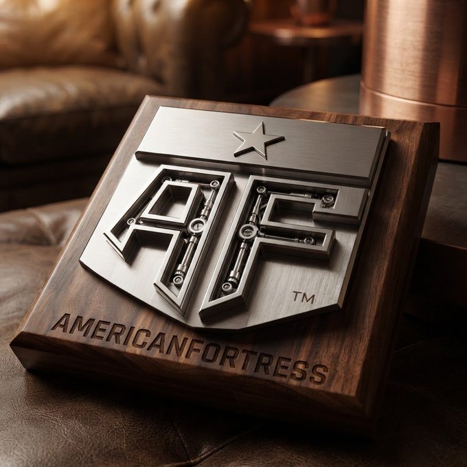 A metallic 'AF' (American Fortress) shield logo with intricate mechanical details, mounted on a wooden plaque engraved with 'AMERICANFORTRESS™', displayed on a leather surface.