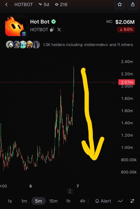 A cryptocurrency price chart for 'Hot Bot' (HOTBOT) on a trading platform showing a market cap of $2.06M, with a large yellow hand-drawn arrow pointing downward indicating a price drop.