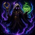 A digital fantasy illustration shows a dark, hooded sorcerer figure with glowing purple eyes, holding a golden staff and a green skull, surrounded by purple magical energy.