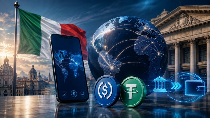 A digital artwork featuring the Italian flag, a smartphone displaying a world map, USDT and Tether coins, a glowing globe, and a classical building, suggesting Italian financial technology.