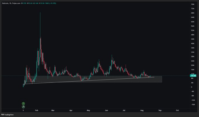 A TradingView candlestick chart for Polkadot (DOT/USD) on a daily timeframe shows price action with a downward trend channel annotation in the summer months.