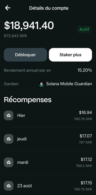 A Solana Mobile account details screen shows an active SKR staking balance of $18,941.40 (872,842 SKR) earning a 15.20% annual yield, with recent daily rewards ranging from $16.94 to $17.15 over the past week.