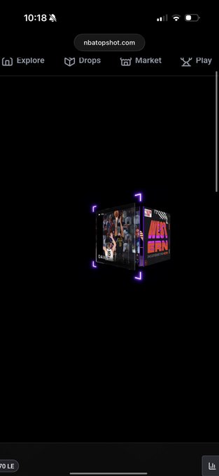 A mobile screenshot from nbatshot.com shows a digital collectible pack labeled "NEW ERA" featuring Lakers imagery, which the user excitedly announces they've acquired from @NBATopShot. The pack appears as a holographic, rotating cube on a black background within the NBA Top Shot platform's "Drops" section.